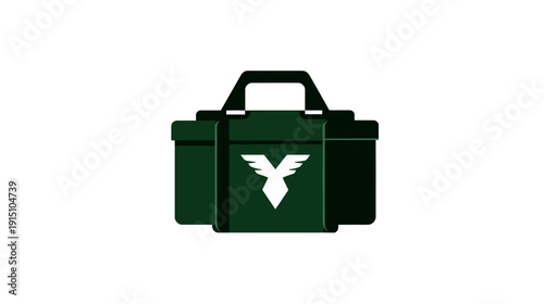 A dark green rectangular bag with a handle and a white wing-like symbol in the center