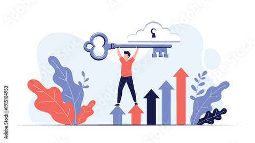 Successful man lifting a giant key to unlock a cloud-shaped keyhole above a growth chart representing unlocking business potential.