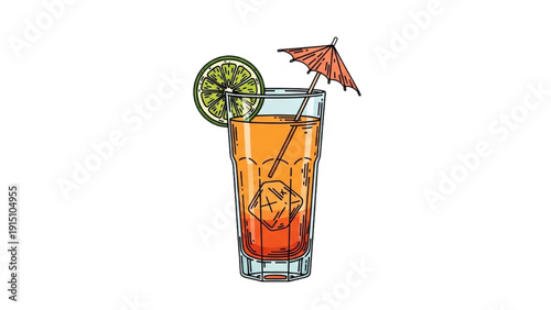 A tall glass of vibrant orange-red cocktail with lime and umbrella illustration