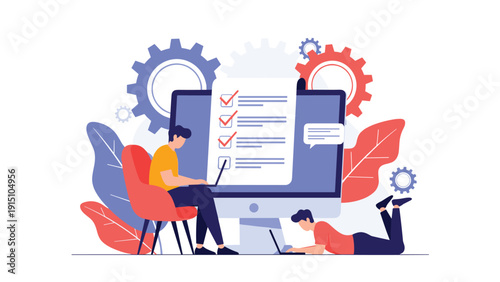 Two professionals working together to complete a checklist on a giant computer screen with gears representing a managed process.