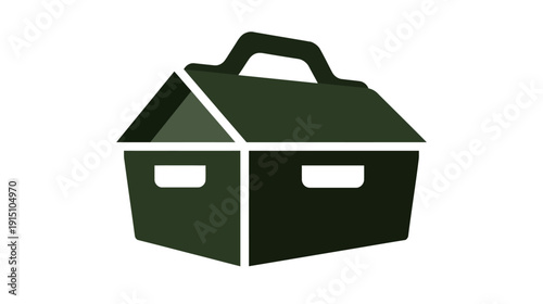 A dark green, stylized container with a handle and two side indents, on a white background