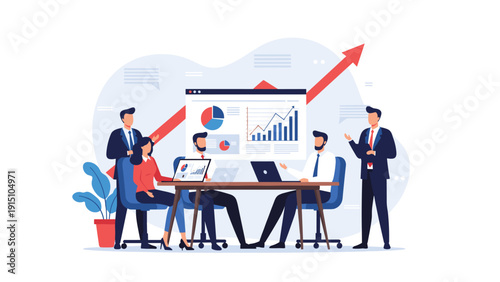 Business team meeting around a table to discuss financial reports and growth strategy with a rising red arrow in the background.