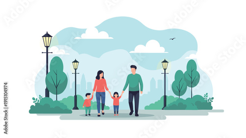 Happy family with parents and two children walking together in a beautiful city park with trees and street lamps during the day.