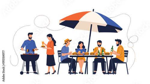 Group of friends enjoying a summer barbecue party outdoors under a large umbrella with burgers and drinks on a table together.