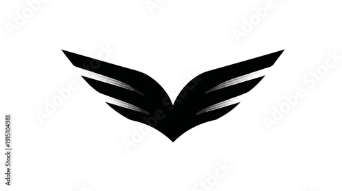 Black graphic depicting stylized wings with a subtle gradient effect, centered on a white background