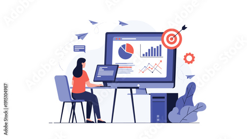 Woman working on a computer to reach targets with paper planes and a bullseye representing marketing success and automation.