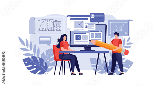 Collaborative web design process with professional designers working on user interface layouts and website wireframes in modern office environment.