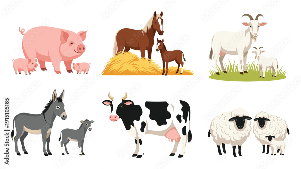 Fototapeta premium Educational collection of common farm animals including pigs, horses, goats, donkeys, cows, and sheep with their young.