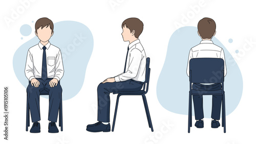 Proper sitting posture and ergonomics education for students showing correct body alignment from front, side, and rear perspectives on a chair.