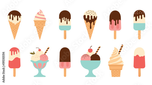 Delicious variety of frozen desserts collection featuring diverse ice cream cones, popsicles, and sundae bowls with colorful toppings and flavors.