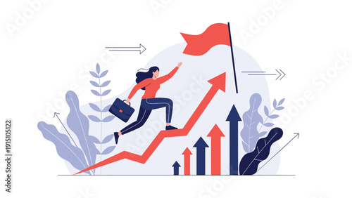 Successful career growth and business promotion concept featuring determined professional woman climbing upward financial graph towards victory flag.