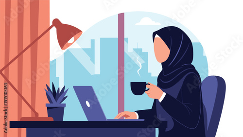 Professional Muslim woman wearing a hijab working on a laptop and enjoying coffee in a modern office with city view.