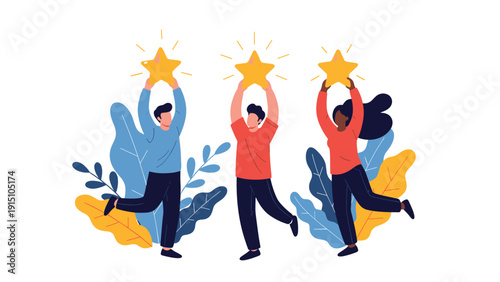 Group of diverse people celebrating success by holding up large shining gold stars to represent high rating and quality.
