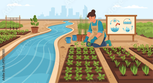 Woman tending to a thriving urban garden with irrigation system.