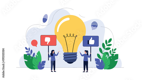 Two women providing feedback with thumbs up and down signs next to a large lightbulb representing idea evaluation.