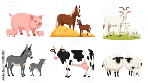 Educational collection of common farm animals including pigs, horses, goats, donkeys, cows, and sheep with their young.