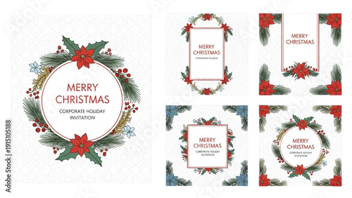 Collection of Christmas greeting cards with floral wreaths and ribbons on a white background from various viewpoints
