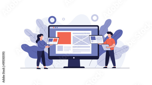 Creative team of designers collaborating on website interface development using a large computer monitor and prototypes.