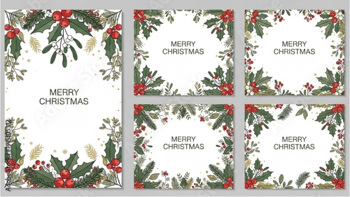 Collection of Christmas greeting cards with festive holly and red berries decorations on white background viewed from directly above