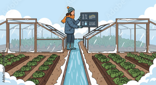Woman tending winter crops in greenhouses on a farm.