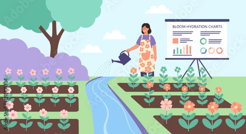 Woman Watering Flowers in Garden with Data Presentation.