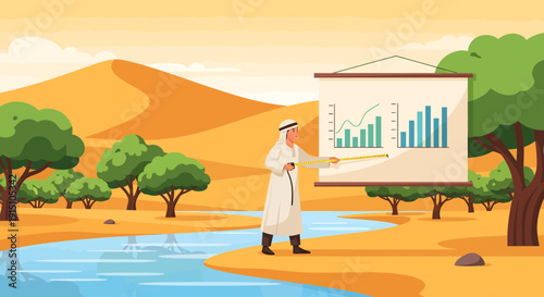 Arab Businessman Presenting Growth Charts in a Desert Oasis Setting.