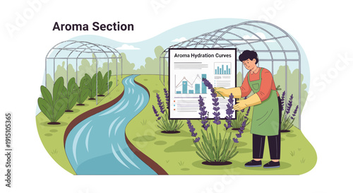 Aroma Section Illustration Lavender Cultivation and Data Analysis in Greenhouse.
