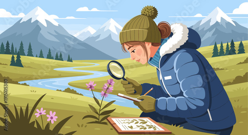 Botanist Examining Flora with Magnifying Glass in Mountain Landscape.