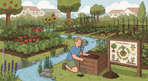 Boy Examining Compost Bin in Lush Vegetable Garden.