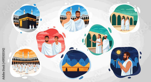 Diverse cultural and religious scenes depicted in a collage of circular illustrations featuring people in various settings and activities