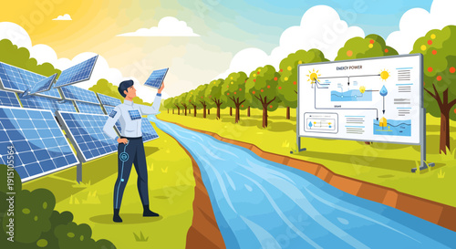 Engineer Inspecting Solar Powered Water Treatment System Diagram.
