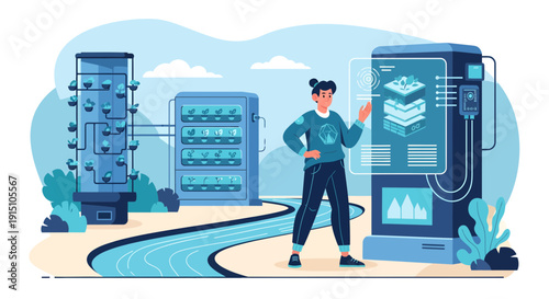 Data Center Management Woman Overseeing Server Infrastructure and Data Flow.