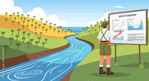 Environmentalist presenting water management data by a river.