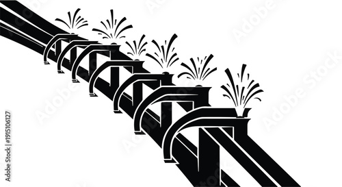 Industrial pipes with fire sparks diagonal line illustration, black and white, bold dynamic composition, industrial concept