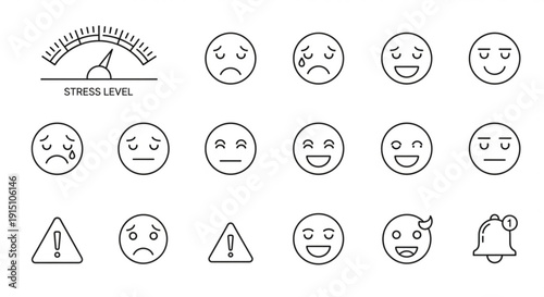 Set of emoticon icons illustrating various emotional states and reactions, stress level indicator, warning signs, notification symbols