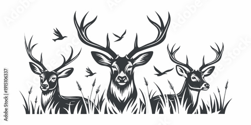 Three majestic deer stags with birds in a black and white illustration