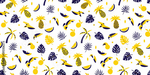 Tropical fruit and foliage seamless pattern with yellow and blue tones
