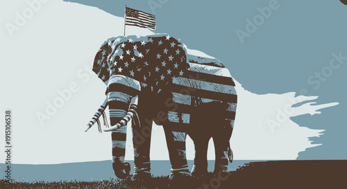 Vector illustration of an elephant with American flag pattern standing on a hill