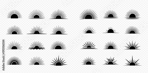 Set of various sun and sunrise icons in black and white, depicting dawn, sunset, and half-sun designs with rays and abstract shapes for branding and decoration.