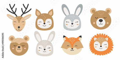 Charming animal heads deer rabbit bear fox and lion illustrations