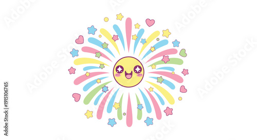 A cheerful cartoon sun with a smiling face surrounded by colorful rays, stars, and hearts, isolated on transparent background