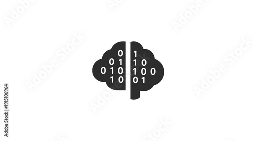 A brain illustration split vertically, numbers appear on each side representing binary code