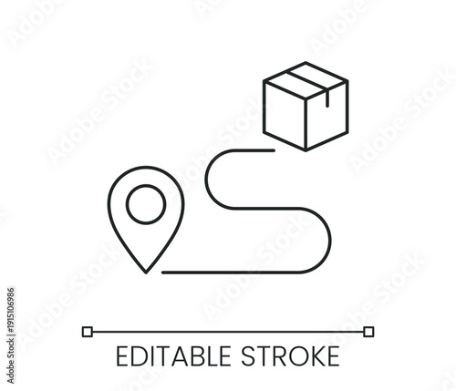 Package delivery tracking icon showing shipping route from warehouse to destination location pin point