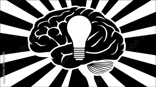 A black and white illustration of a brain with a light bulb in it, against a striped backdrop