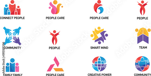 Community and Teamwork Logo Collection with People Care Connect Family and Creative Power Icons Vector Set