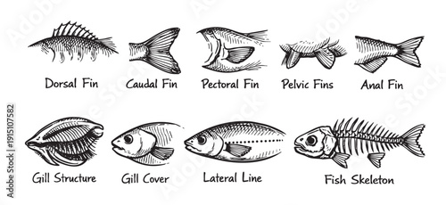 Black and white illustration showing different parts of fish anatomy with handwritten annotations. Suitable for textbooks, educational materials, and nature guides.