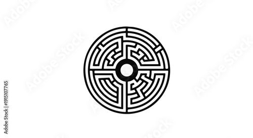 Circular maze puzzle with black lines on white background, symbolizing problem solving and challenge, simple and elegant design