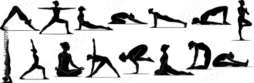 Yoga poses silhouettes vector icon set isolated