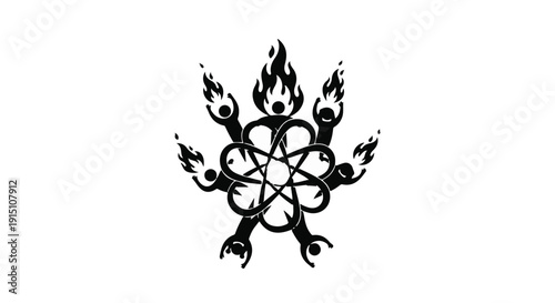 Black flame tattoo design with hands and eyes on white background, mystical symbol illustration for artistic and commercial use