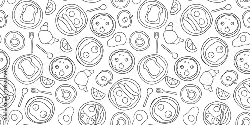 Breakfast sketch seamless pattern . Whimsical food doodles, Hand drawn vector illustration for menu. Breakfast and brunch simple sketch style.	